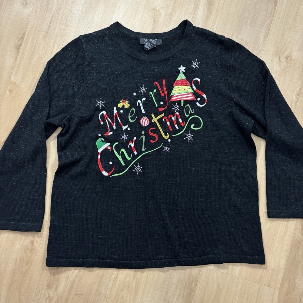 Vintage Crystal Kobe Merry Christmas Sweater 2X Black Glitter Embroidered
